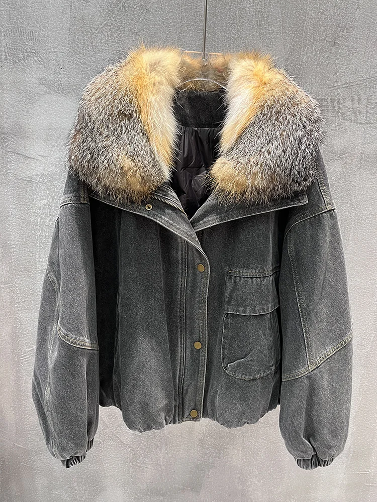 2025 Fashion New Winter Women's Goose Down Jacket Natural Real Fox Fur Collar Coats Denim Jacket Luxury Female Outwear