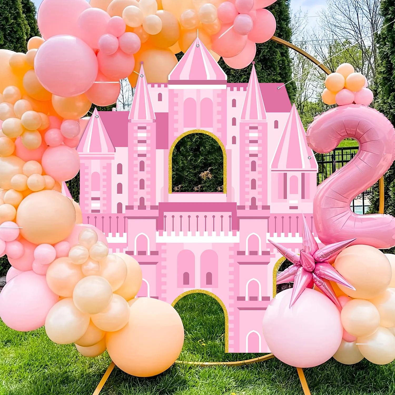 Rosa Prinzessinnen-Schloss Party Fotobox-Requisiten Prinzessinnen-Fotohintergrund Rosa Königliches Schloss Geburtstagsparty-Zubehör Prinzessinnen-Thema