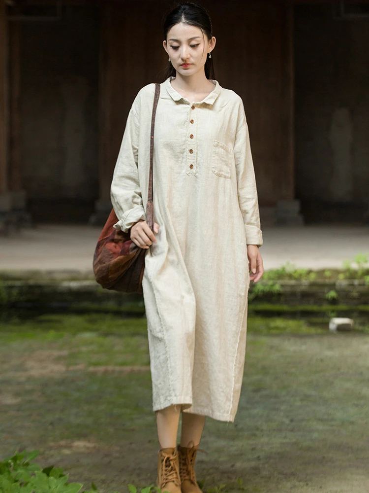 

Women Cotton Linen Long Dress New 2025 Autumn Vintage Style Turn-down Collar Solid Color Loose Female Casual Dresses M1985