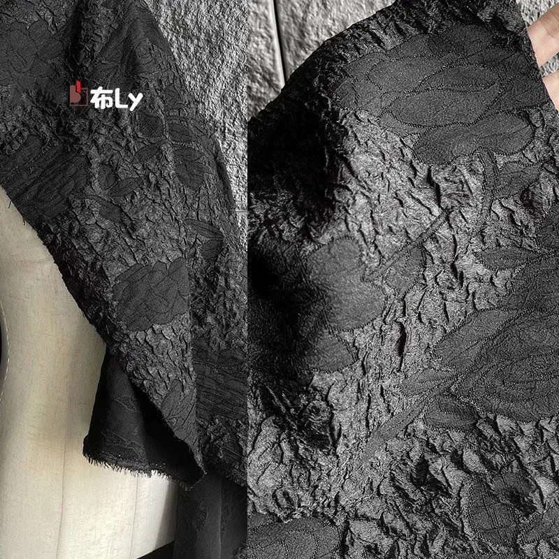 Black Rose Large Jacquard 3D Textured Fabric for Designer Creative Bag Coat Skirt Remake Sewing Material