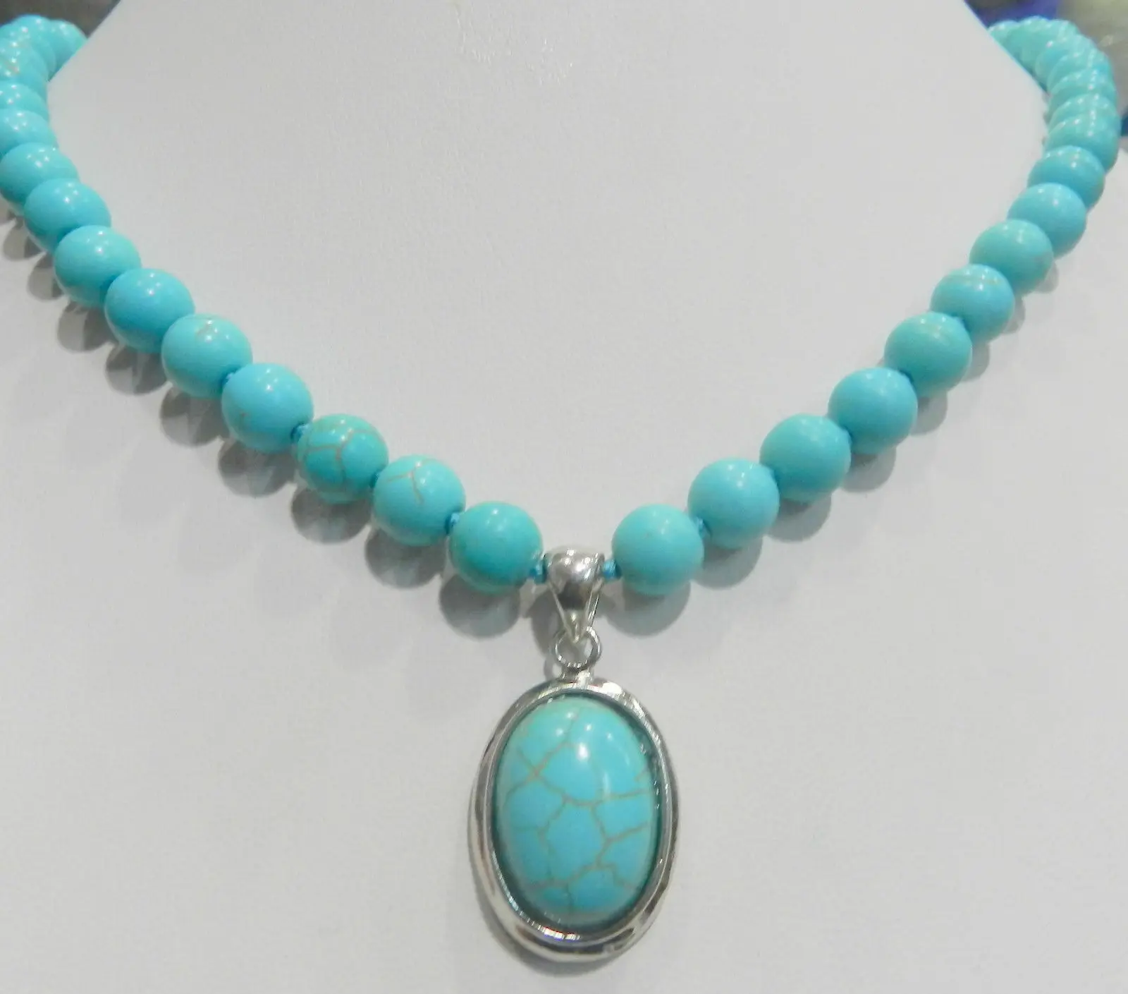 

Natural 8mm Turkish turquoise necklace 16x22mm pendants 18''