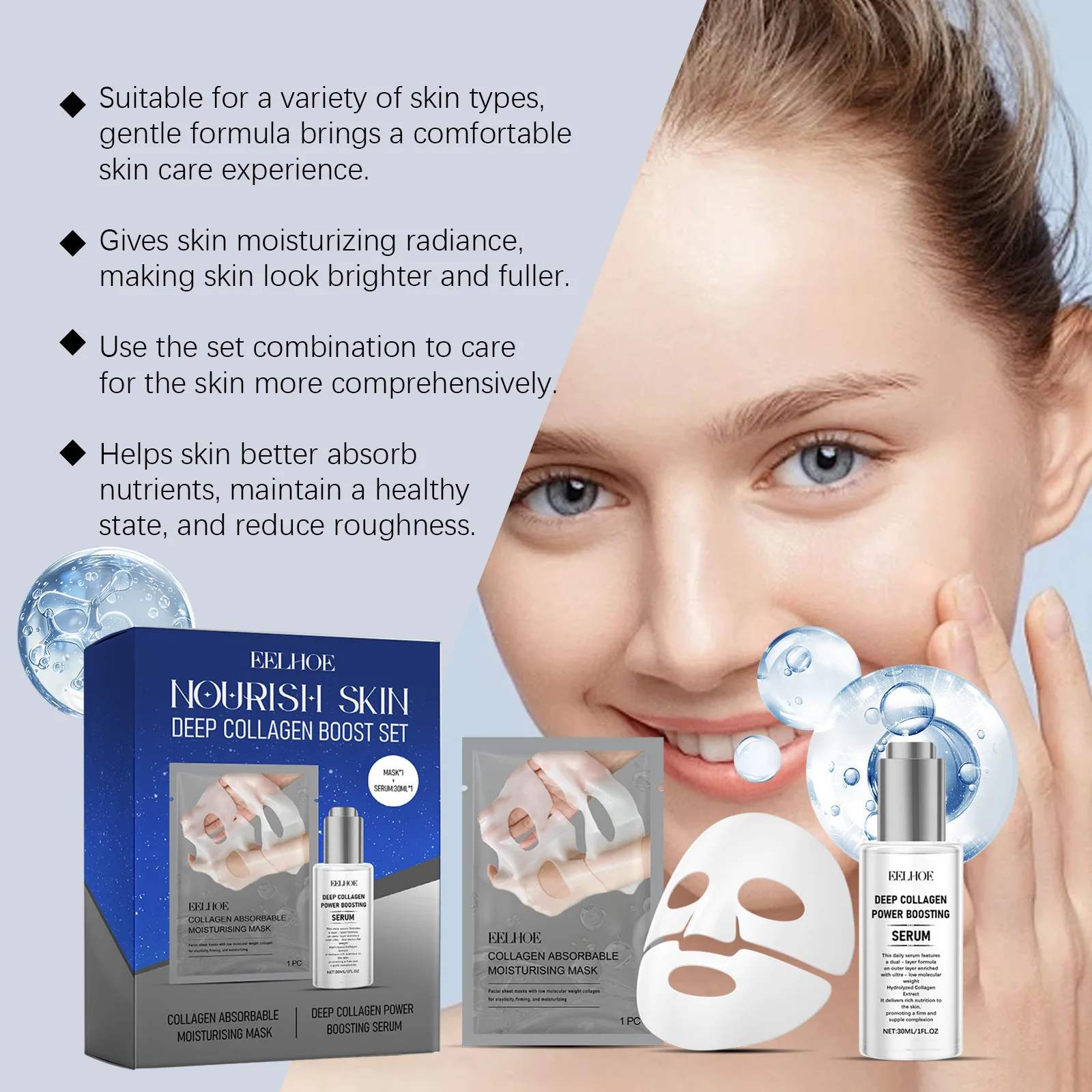 EELHOE Collageen Boost Masker Verhogen Huid Elasticiteit Anti Aging Collageen Booster Serum Hydraterende Gezichtsmasker Reparatie Huidverzorging Set