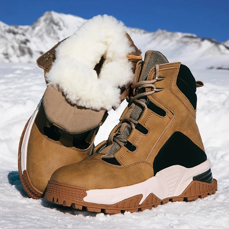 Men Winter Snow Boots Fleece Lined Warm Faux Leather Lace Up Anti Slip Thick Sole Outdoor Hiking Boots Size 39-44