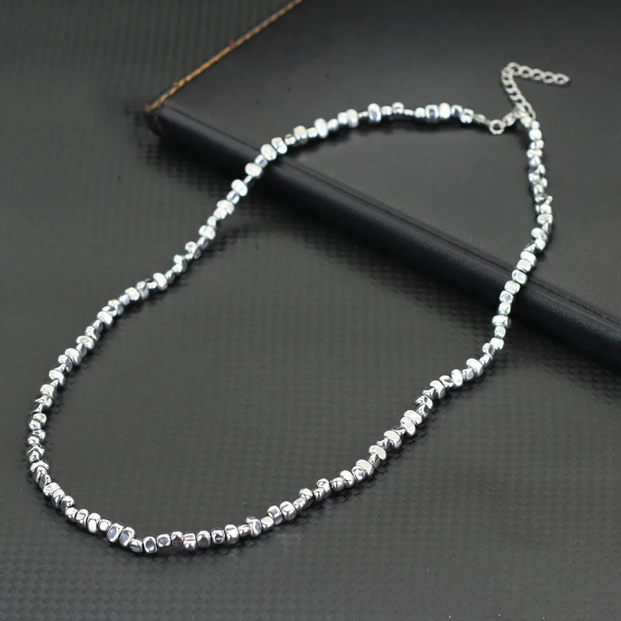 Natural Hematite Beaded Necklace Men Black Silver Color Irregular Stone 20 Inches Short Choker Meditation Boyfriend Gift Jewelry