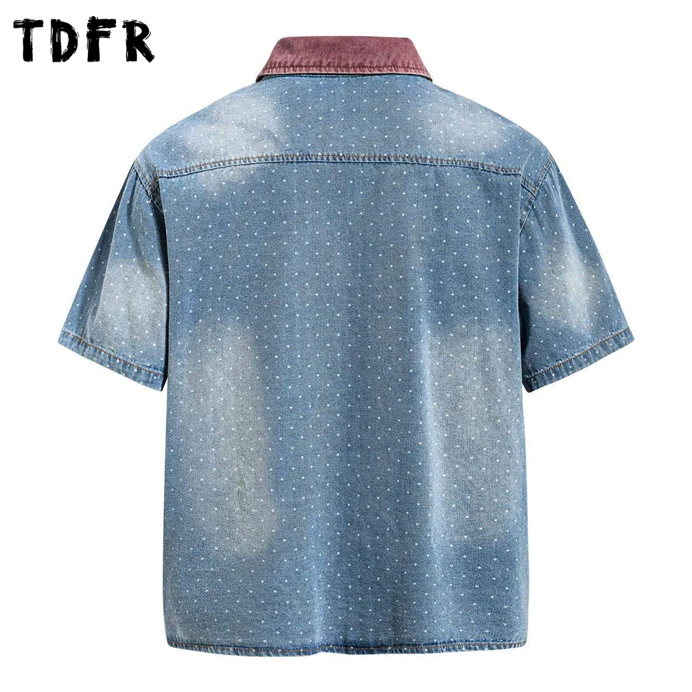 Patch Embroidery Denim Shirts Mens Summer Retro Washed Distressed Spliced Lapel Single Breasted Short Sleeve Shirts Man