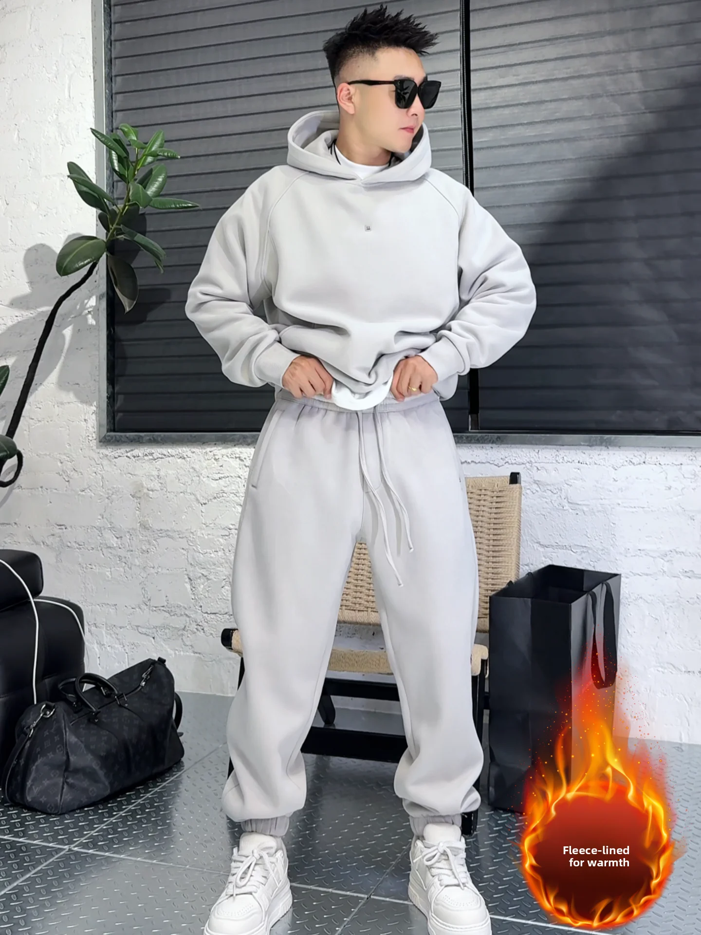 

Thiened Fce Hoodie Sweatpants Set Men's Heavyweight Warm Trendy Sports Two-Piece Set Long Sve Long Pants Autumn New A...