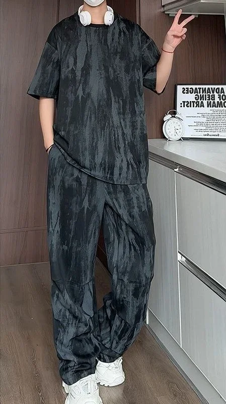 

Graphic Male T Shirt Trousers Sets Tie-dye Print Stylish Short Quarter Sleeve Fashion Man 2025 Basic Tee Loose Men's Pants Set