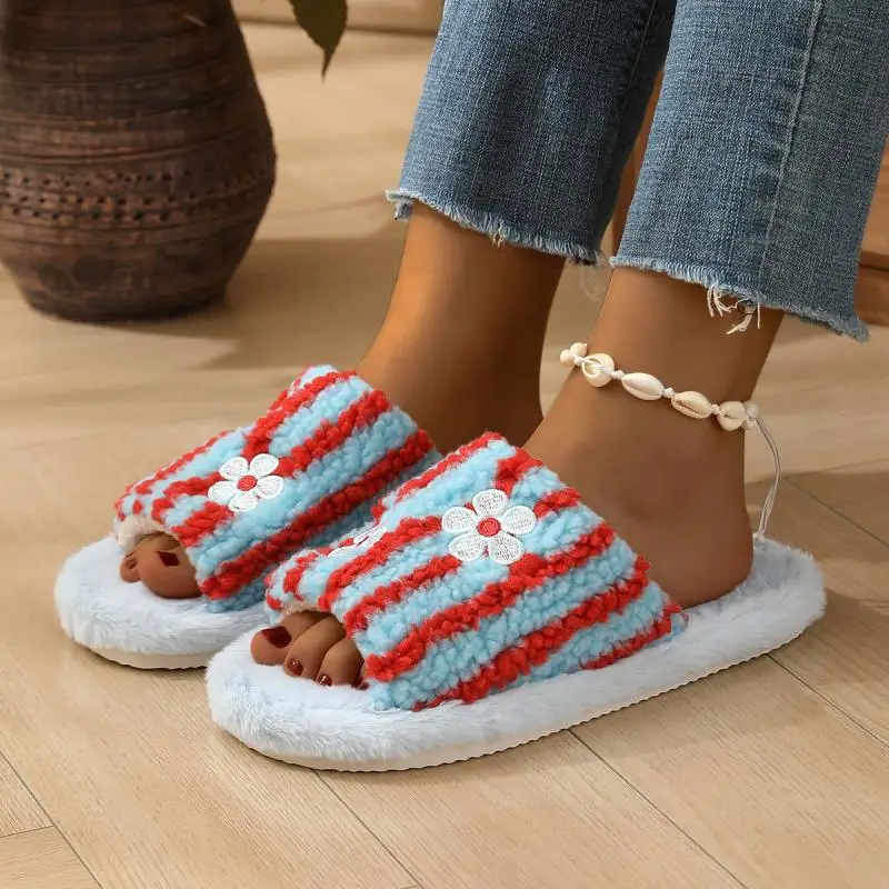 Herbstliche koreanische gestreifte Plüsch-Baumwoll-Hausschuhe für Damen – Patchwork-Fleece-Schuhe mit weicher Sohle, offene Zehenpartie, warme Fell-Hausschuhe, Größe 45 – Detail 4