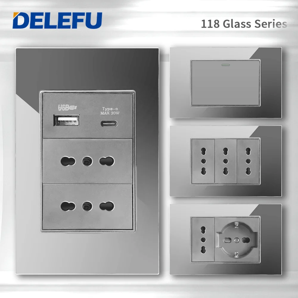 DELEFU vidrio templado gris Italia USB TypeC enchufe de pared de carga rápida Schuko Tuya Wifi interruptor inteligente Sat TV Tel timbre Chile