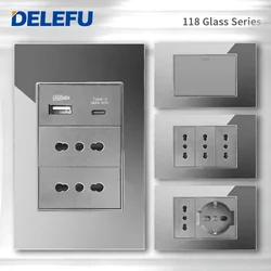 DELEFU Grey Tempered Glass Italy USB TypeC Fast Charging Wall Socket Schuko Tuya Wifi Smart Switch Sat TV Tel Doorbell Chile