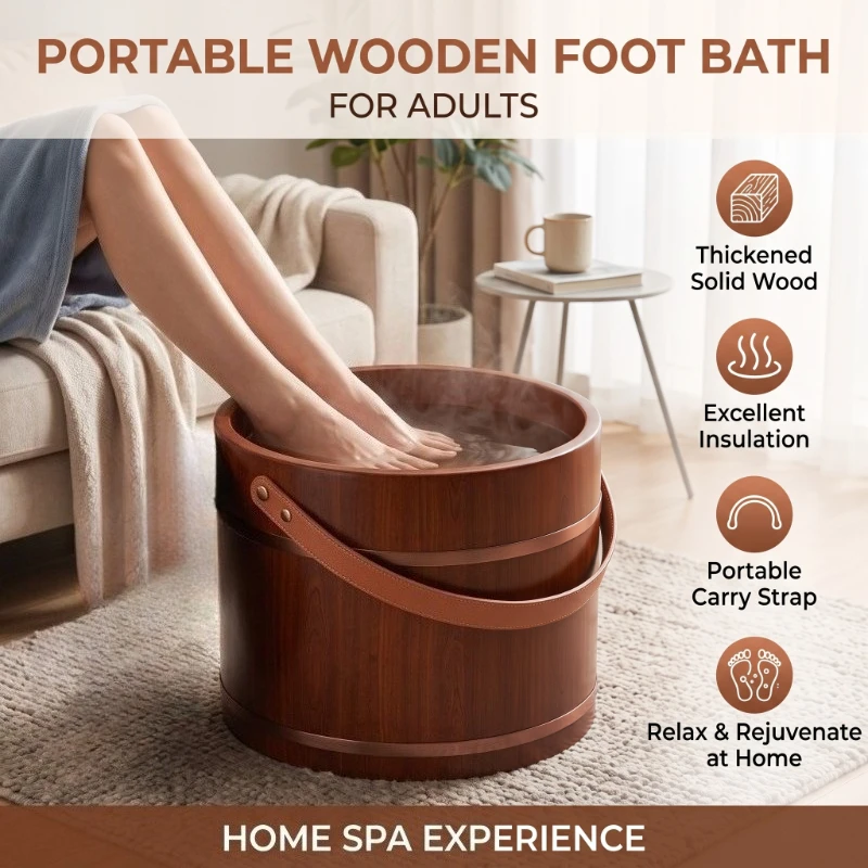 Thickened Cypress Wood Foot Bath Bucket Solid Wood Foot Soak Tub with Lid Household Adult Home Therapy Foot Wash Basin Barrel
