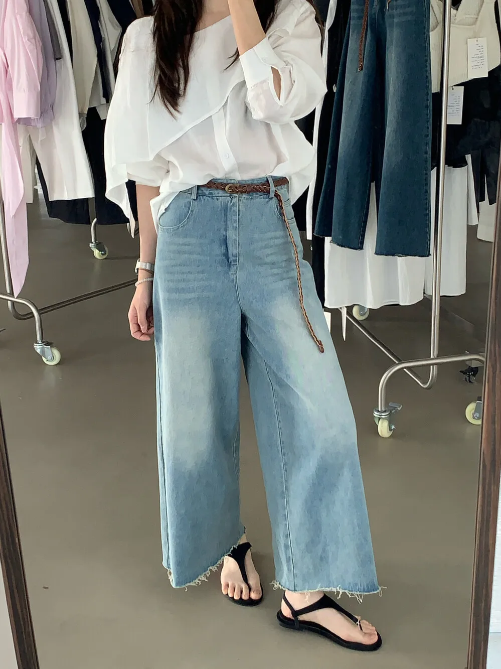 

Lilian Vintage Waed Color Wide Leg Casual Denim Pants Women's Belt Included Ele Sle Summer Loose Fit l Waist