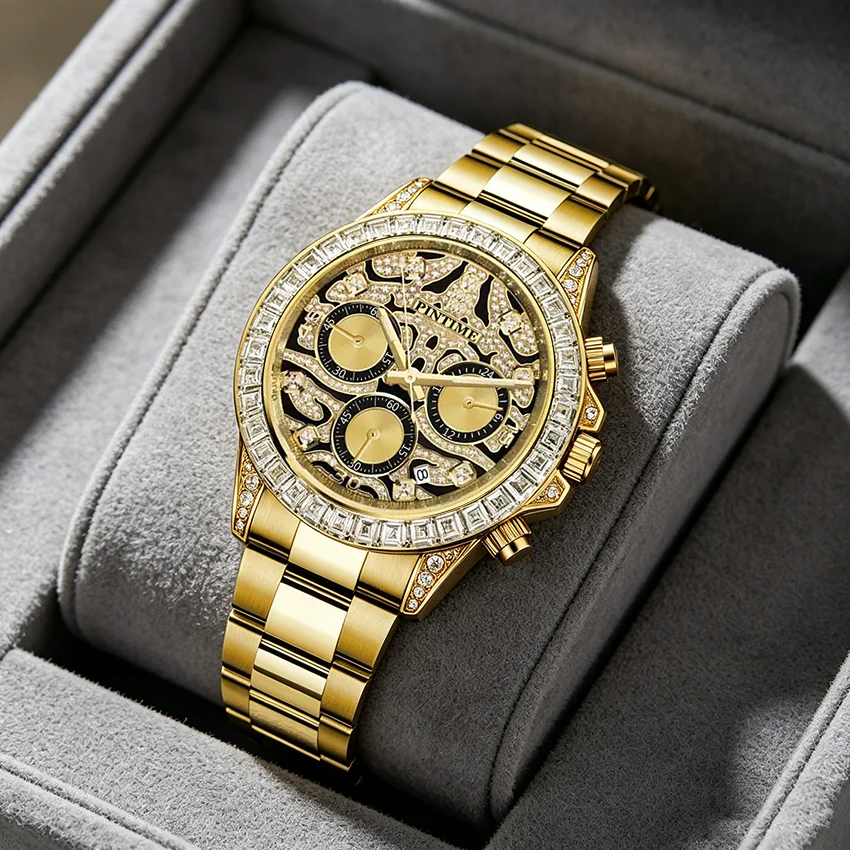 Multi-Function Movement Stones Bezel Business Men's Quartz Watch Golden Waterproof Luxury Tiger Dial Watches Gold Pattern