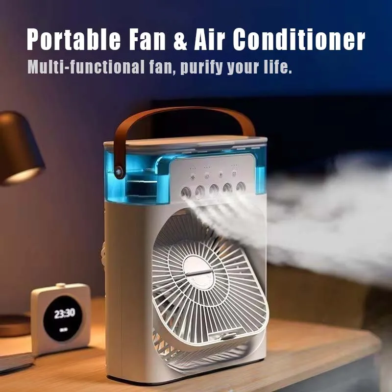 

Portable Fan 3 in 1 Humidifier Air Adjustment LED Night Light Household USB Chargeable Air Conditioner Office Moisturizing Fans