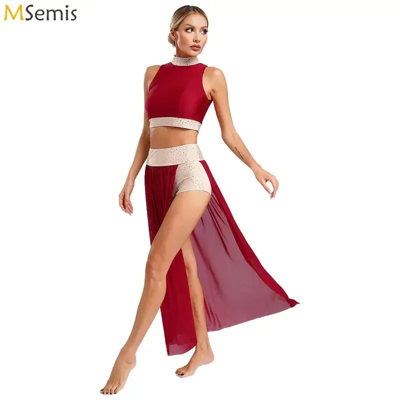 Женский современный лирический танцевальный костюм с блестящими стразами, укороченный топ без рукавов с сетчатой юбкой, наряд для соревнований по бальным танцам вальса Женский современный лирический танцевальный костюм с блестящими стразами, укороченный топ без рукавов с сетчатой юбкой, наряд для соревнований по бальным танцам вальса