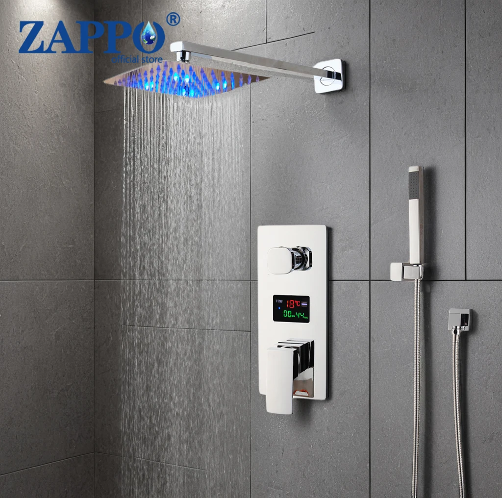 ZAPPO Solid Brass LED Shower Head Digital Display Mixer Taps Bathroom Shower Faucet 3-Functions Digital Shower Faucets Set