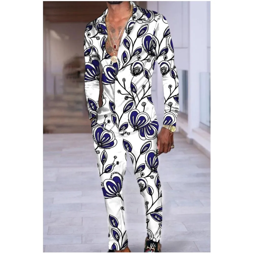 

Hawaii Shirt Suit Men 3D Print Plants Flowers Fashion Casuan Breathable Men's Lapel Long Sleeve Shirt Long Pants 2 Piece Set