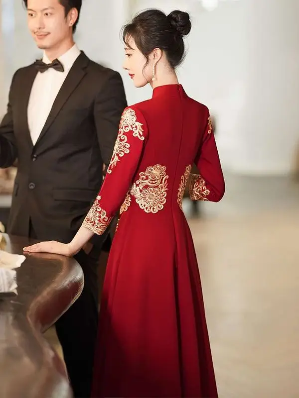 

Летняя свадьба Xiuhe Dr Toast Bride Chinese New Sle Aut Seven Sve Zipper Ba Полиэфирная ткань KTV Торжественная одежда