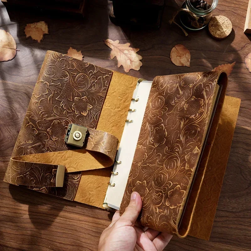 

New Genuine Leather A5 Rings Planner Casual Password Book With Lock Diary Creative Vintage Notepad School Student Stationary