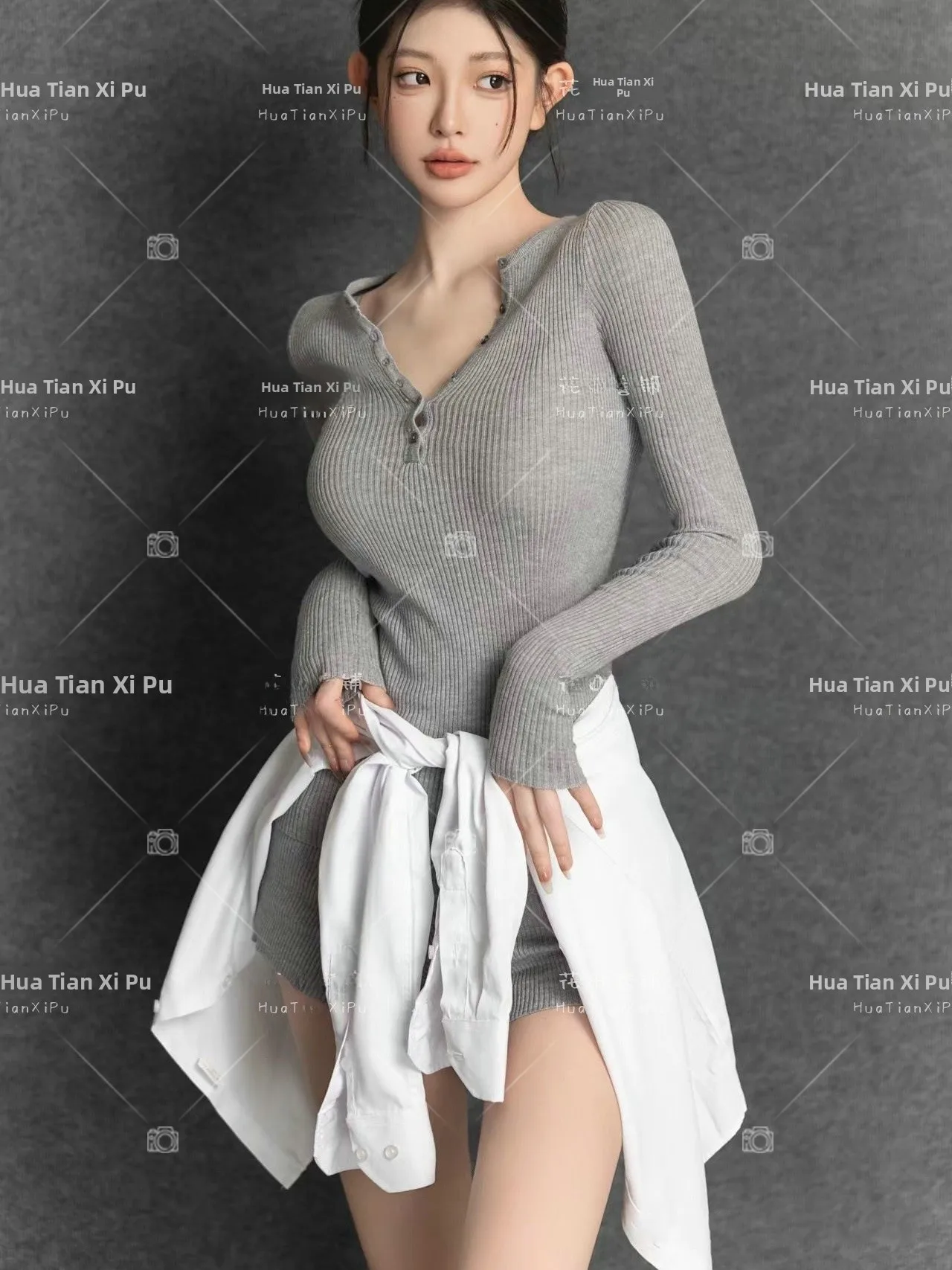 

Gray Portrait All-in-One Sweater Art Photo Studio Korean Style Lazy Theme Photography Clothes for Women Spring Season