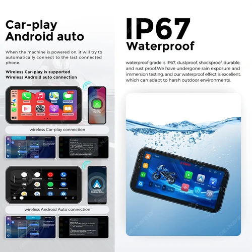 Imagen 2 del producto Portátil 6,25 pulgadas IP67 impermeable motocicleta GPS navegación inalámbrica Carplay Android Auto DVR unidad grabadora Moto Monitor WIFI