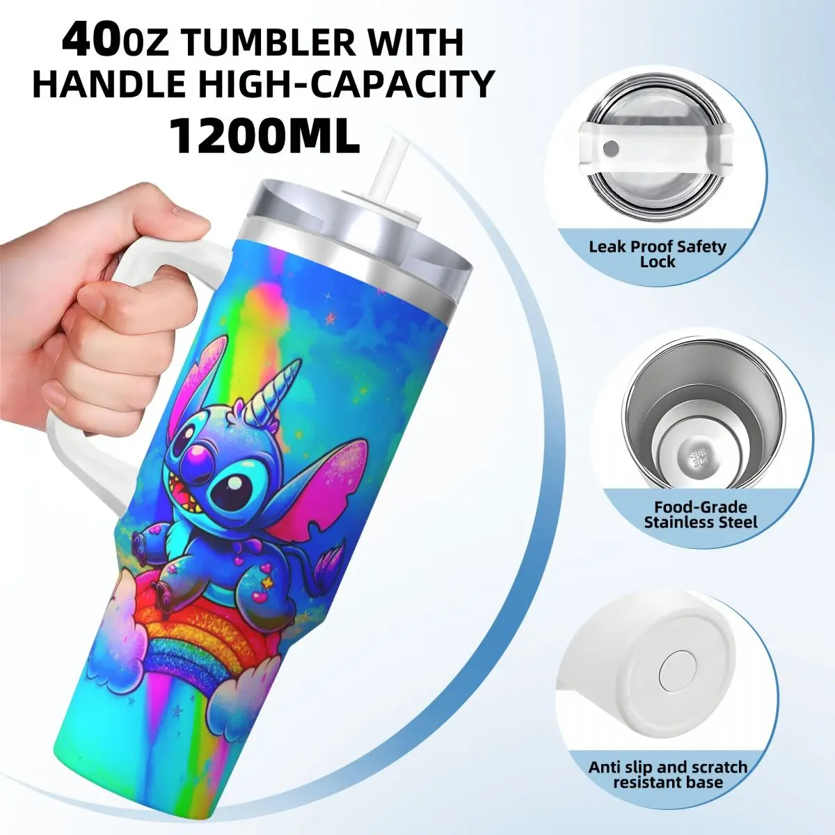 Stainless Steel Tumbler Stitch Cartoon HD Printed Car Mugs With Straws Travel Hot Drinks Water Bottle Keep Heat 40oz Thermal Mug