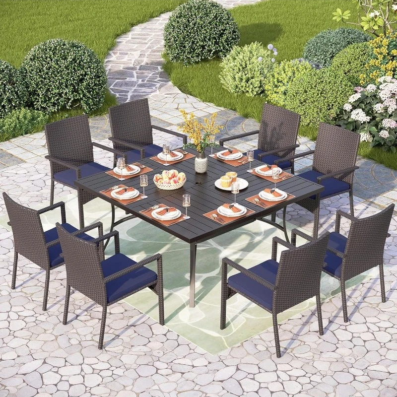 

9 Pieces Square Outdoor Dining Set for 8, Large Metal Dining Table & Rattan Wicker Chairs