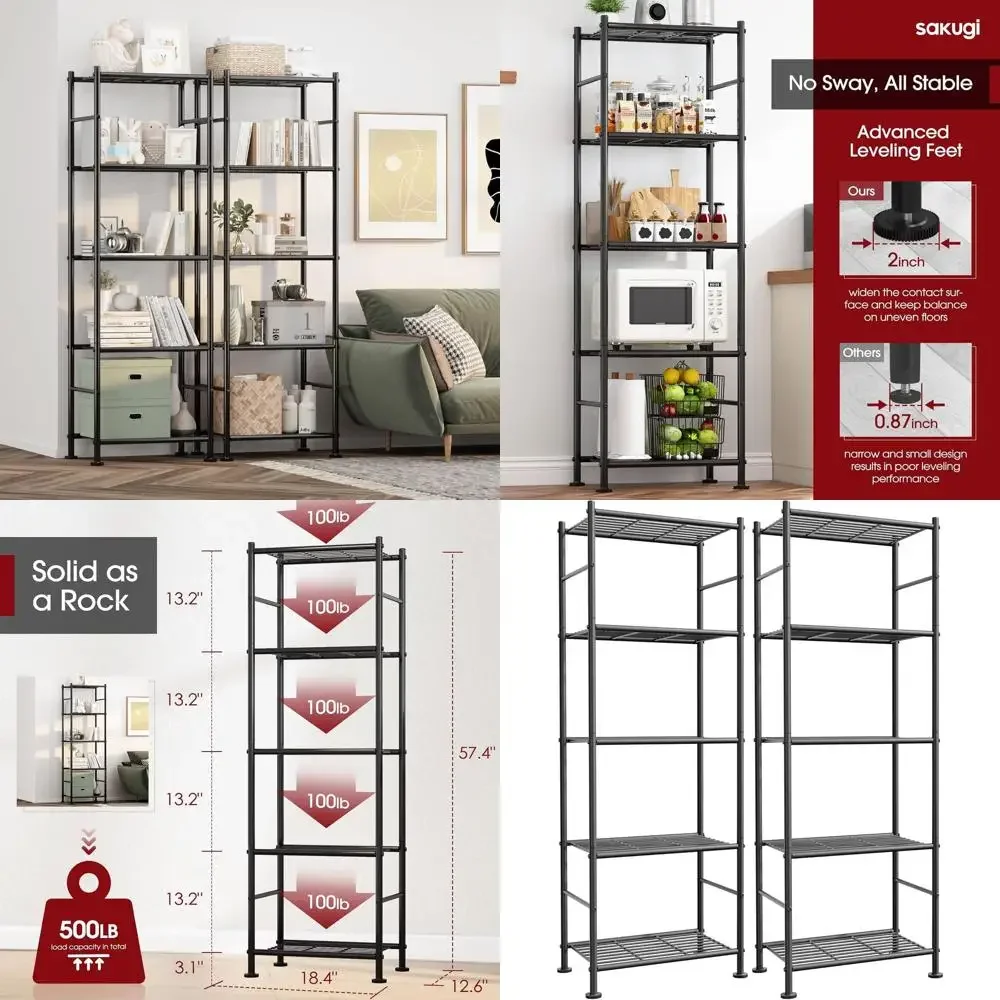 

2-Piece 5-Tier Metal Storage Shelves, Adjustable Feet, Ideal for Garage, Kitchen, Laundry, Pantry (18.4 x 12.6 x 57.4, Black)