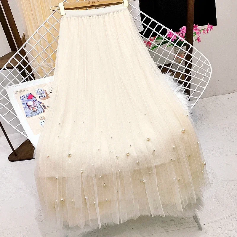 Elegant Pearl Tulle Skirts Women 2025 Fashion High Waist Faldas Largas Casual Korean Pink Mid Length A Line Pleated Skirt Black