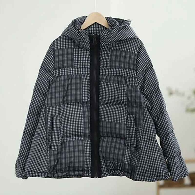 Short Down Jacket Women Winter Parka Plaid Hooded White Duck Down Coat Thick Warm Loose A-line Shape Oversize Overcoat Female