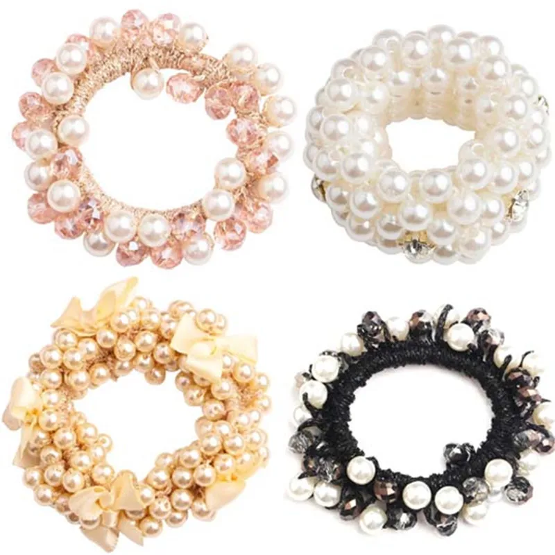 Fashion Elegant Lady Rubber Band Rope Pearl Hair Ring Girls Beaded Scrunchies Bands Ponytail Hair Accessories Elastic Headband