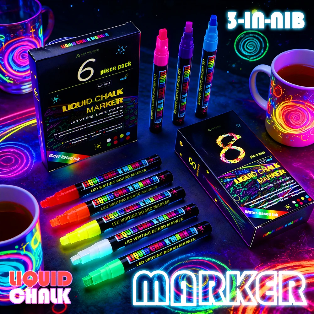 6/8Colors Erasable Liquid Chalk Highlighter Whiteboard Graffiti LED Advertisement Chalkboard Fluorescent Marker Pen Art Supplies