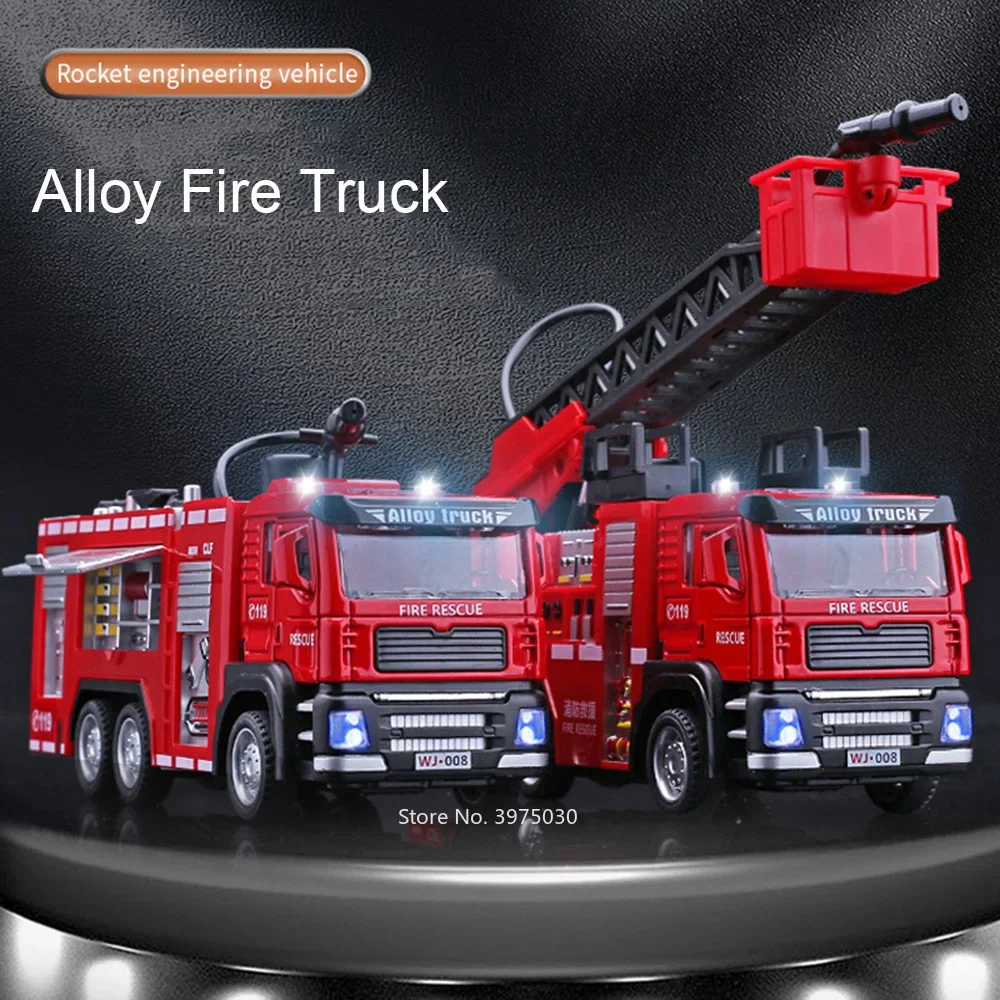 1/32 Fire Engine Car Toy Model with Sound Light Ladder Fire Truck Wheel Pull Back Sprinkler Rescue Vehicle Boys Decoration Gifts