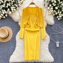 Women Sweet Knit Two Pieces Sets Vintage Sweater Long Sleeve Pullover Elastic Bodycone Sets Autumn Winter Dress