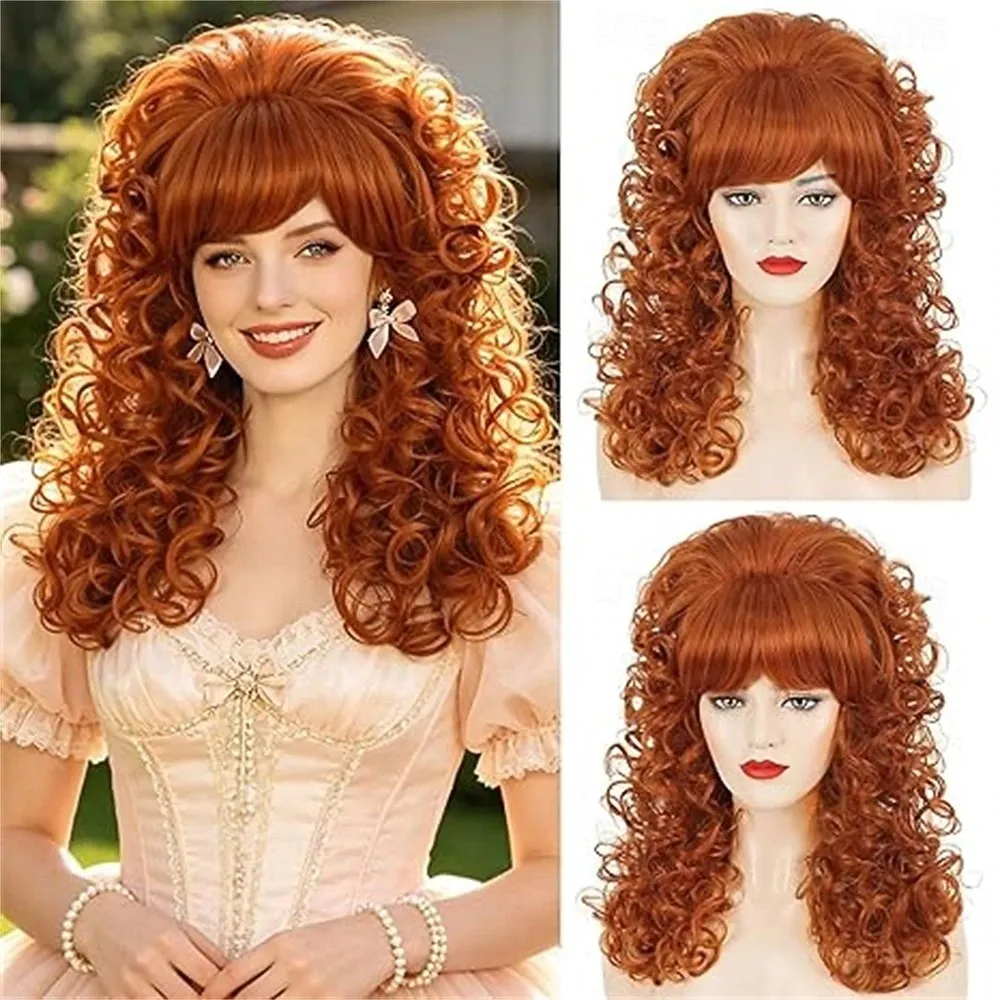 80s Beige Long Curly vintage Wig with Fringe for Women, Large Fluffy and Wavy Honeycomb Synthetic Hairpiece