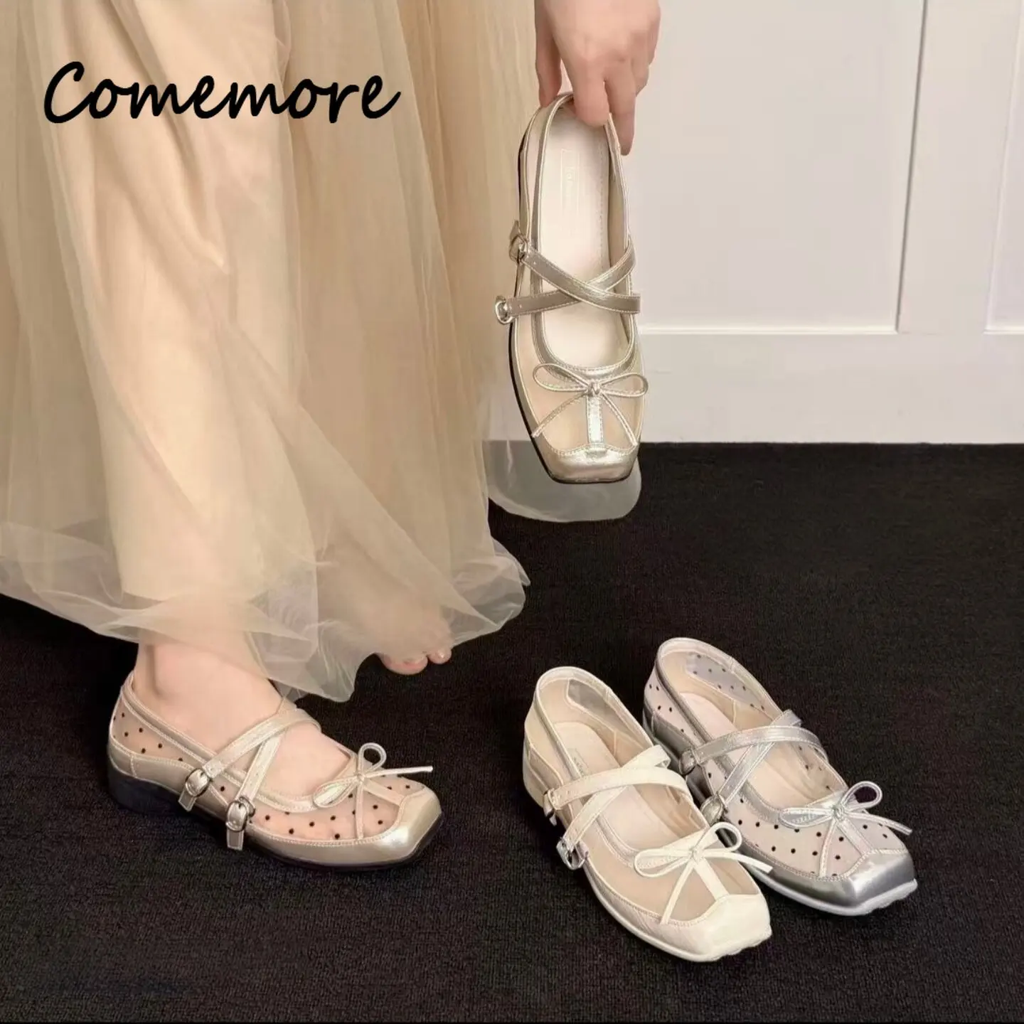 

Fashion Polka Dot Women Mary Jane Shoes Comfort Shallow Mouth Strap Thick Sole Footwear Ladies Mesh Butterfly-knot Dress Loafers
