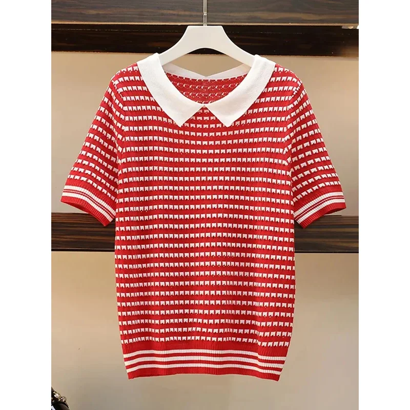 

Summer College style Sweater lapel Loose Top stripe plaid short sleeve Female Knitted Pullover Casual Women Sweater 2024 New