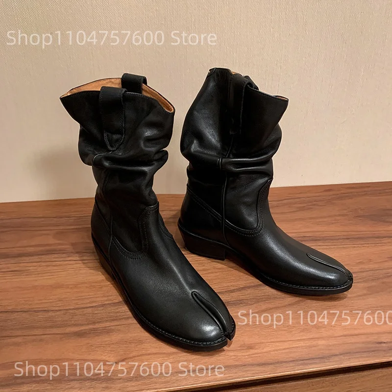 Botas de media pantorrilla holgadas de cuero para mujer, Botas con punta abierta Tabi, diseño holgado, botines de vaquera Retro informales a la moda para otoño