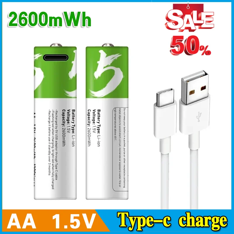 

1.5V AA 2600mWh Rechargeable Li-ion Battery for Remote Control,Mouse ,Electric Toy,Electric shaver Batteria + Type-C Cable