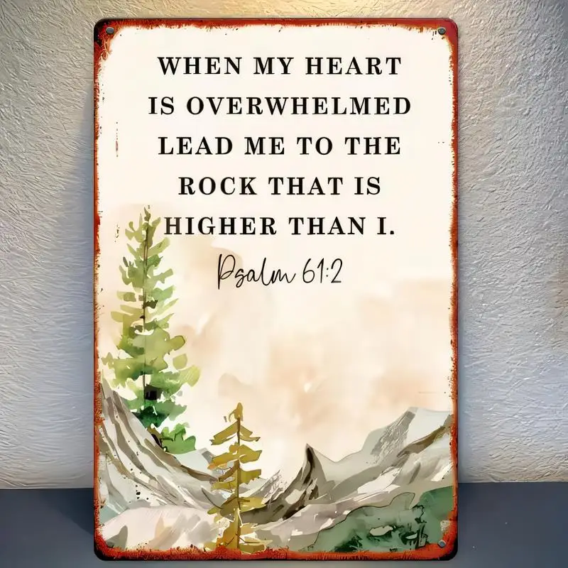 Vintage Distressed Metal Tin Sign, Psalm 61:2 & Watercolor Pine-Mountain, Rustic Religious Wall Art for Home/Christian Decor - I