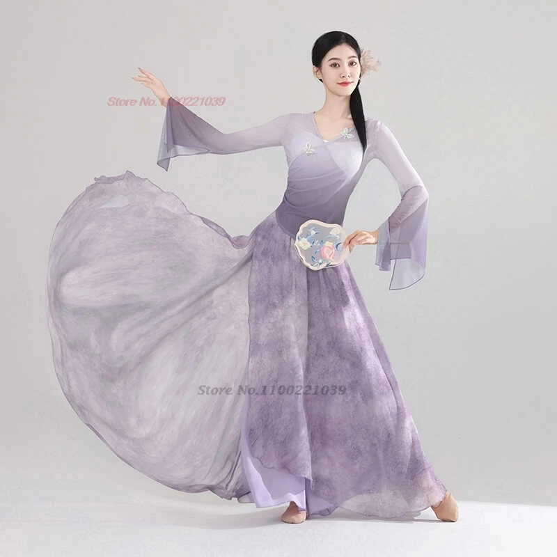2023 Chinese Traditionele Hanfu Tops + Broek Set Dans Kostuum Stage Performance Jurk Gradiëntkleur Mesh Hanfu Volksdans Jurk