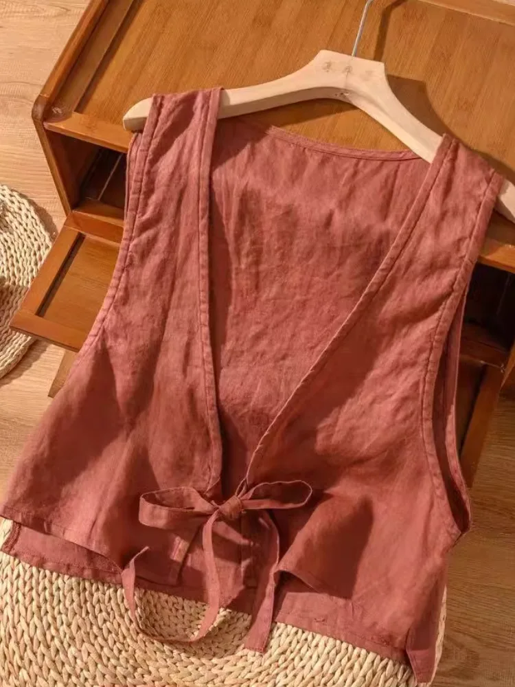Gilet d'été en coton et lin pour femmes, petite taille, couleur, vêtements d'extérieur simples, ceinture, haut Svel, amincissant, longueur ort