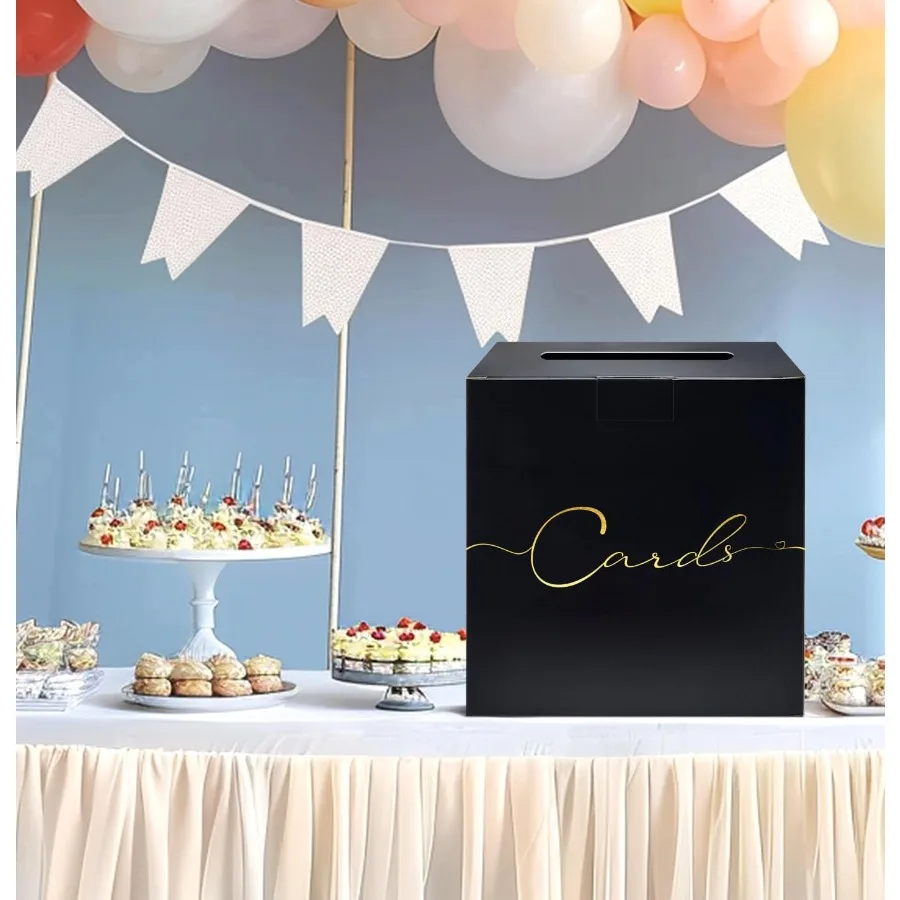 パーティー用大型カードボックス 9.8インチ x 9.8インチ ブラック ギフトカードボックスホルダー ゴールド箔デザイン 結婚式 誕生日 ベビーシャワー 退職祝い用