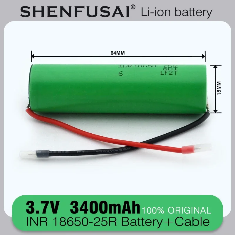 Nova bateria recarregável de íon de lítio 18650 25R 3.7V 3400mAh descarga 25A fio de silicone DIY de alta corrente