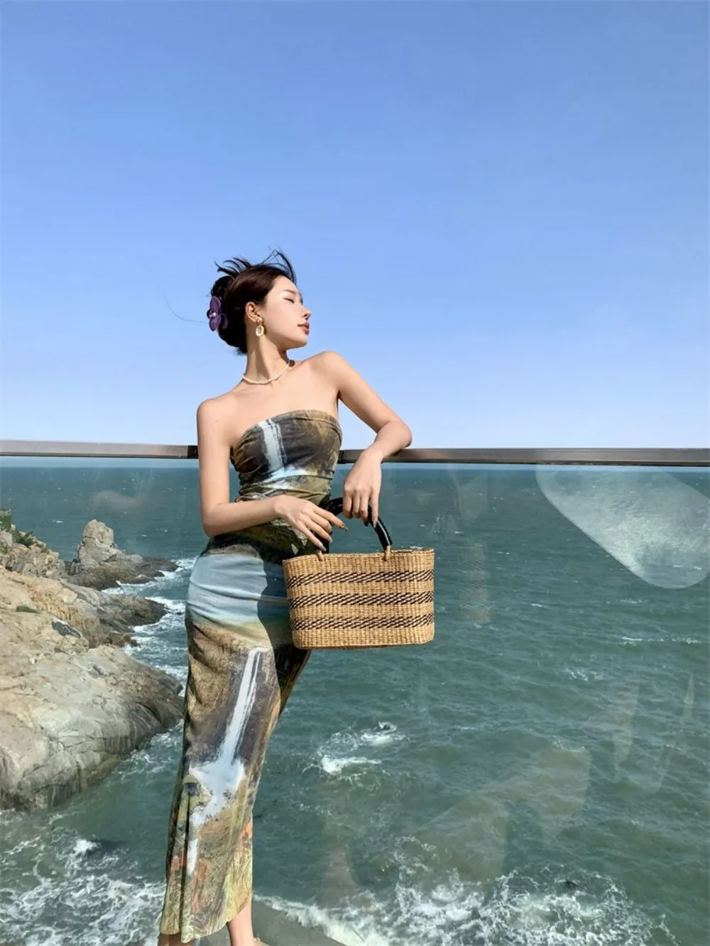 Frühlings-Debütkleid, schulterfreies, figurbetontes Kleid aus Tüll, gerüschtes Blumen-Maxikleid, Gala-Abendkleidung, romantische Rokoko-Revival-Ästhetik