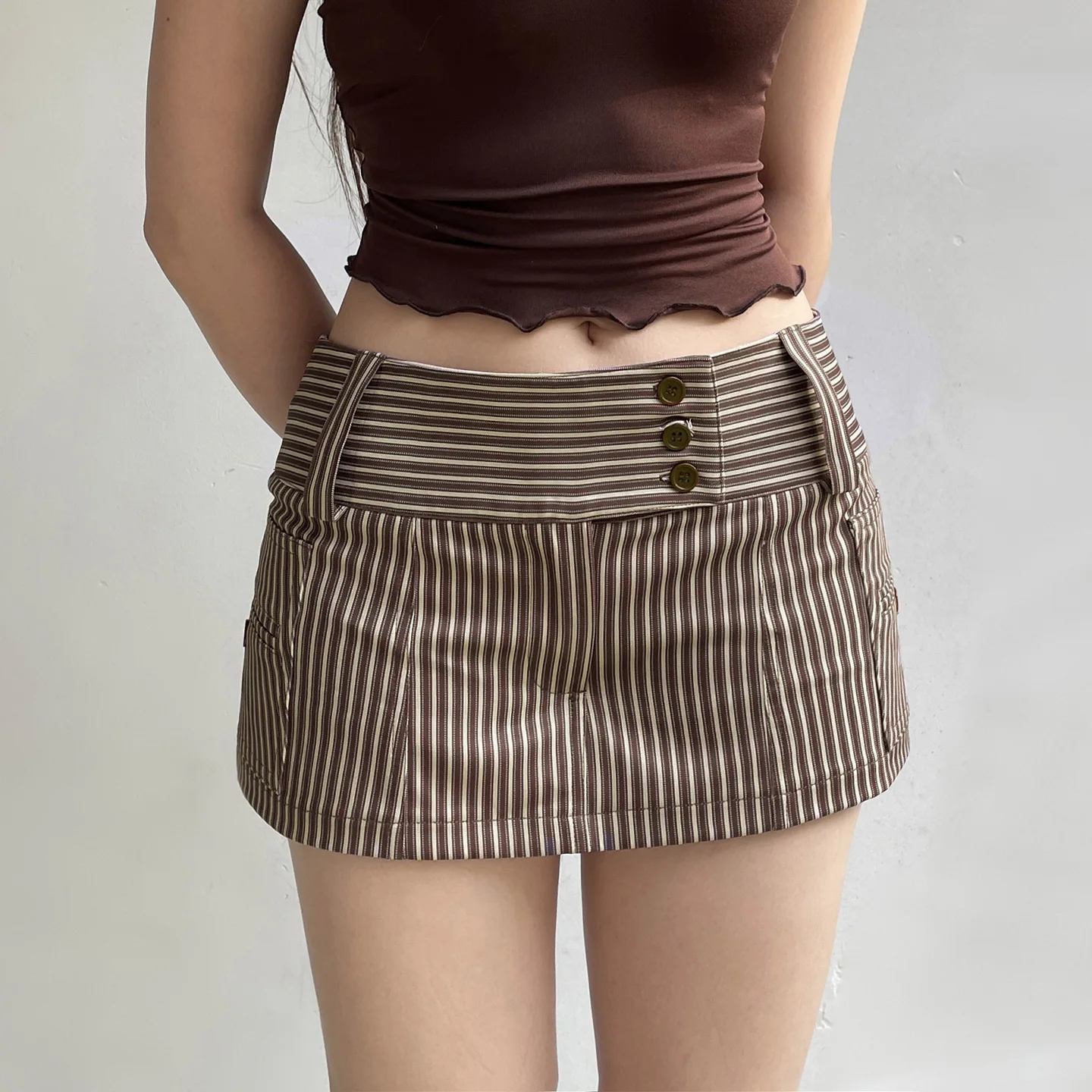 Fashion Low Waist Striped Splicing Pocket Skirt Button Contrasting Hip Skirt