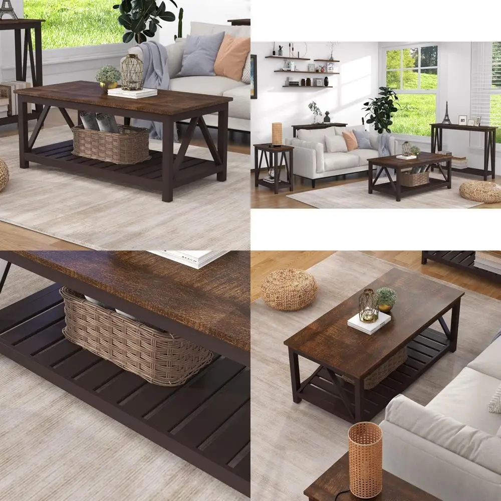 

Vintage Rustic Espresso Coffee Table with Shelf, 40 for Farmhouse Living Room