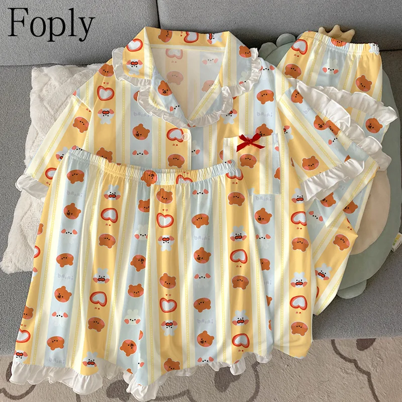 Three-Piece Woman Pajama Set Cartoon Print Summer Imitation Cotton Pyjama Sleepwear Short Sleeve Pants Pijama Pjs Loungewear
