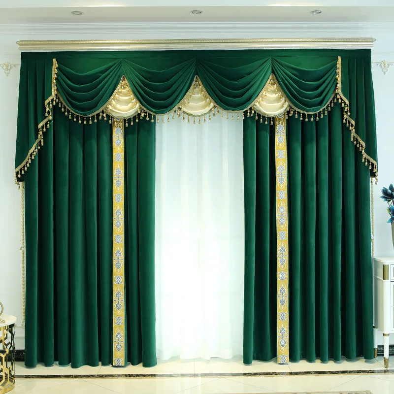 Custom curtain European flannelette living room luxury retro green velvet cloth blackout curtain tulle valance drape C1444