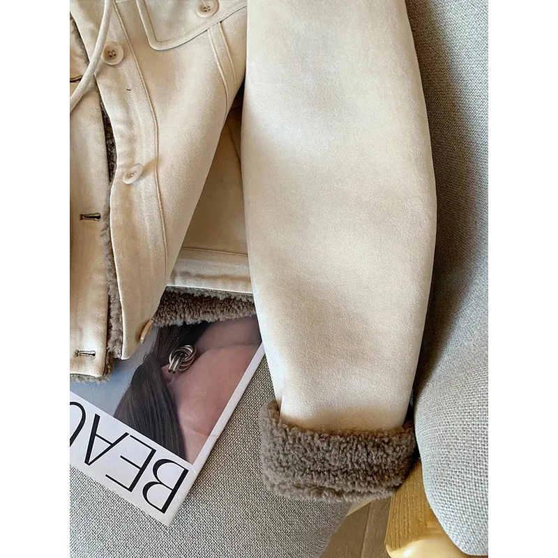 스웨이드 벨벳 램스 울 재킷 여성 가을 겨울 두꺼운 따뜻한 턴다운 칼라 코트 Y2K 루즈핏 스트릿웨어 모든 스타일에 어울리는 긴팔 아우터